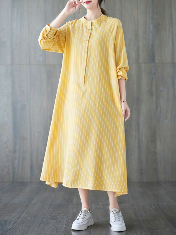 xakxx Long Sleeves Loose Buttoned Split-Side Striped Round-Neck Midi Dresses Shirt Dress