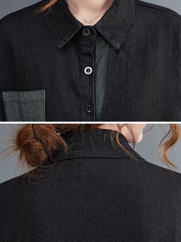 xakxx Original Loose Denim Split-Joint Tied Lapel Collar Long Sleeves Midi Dress