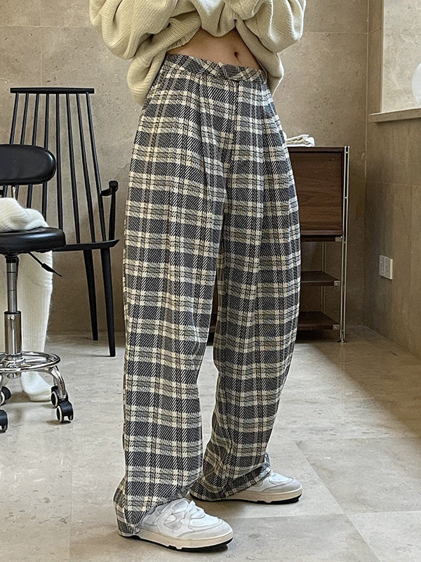 xakxx Vintage Wide Leg High-Waisted Pleated Plaid Pants