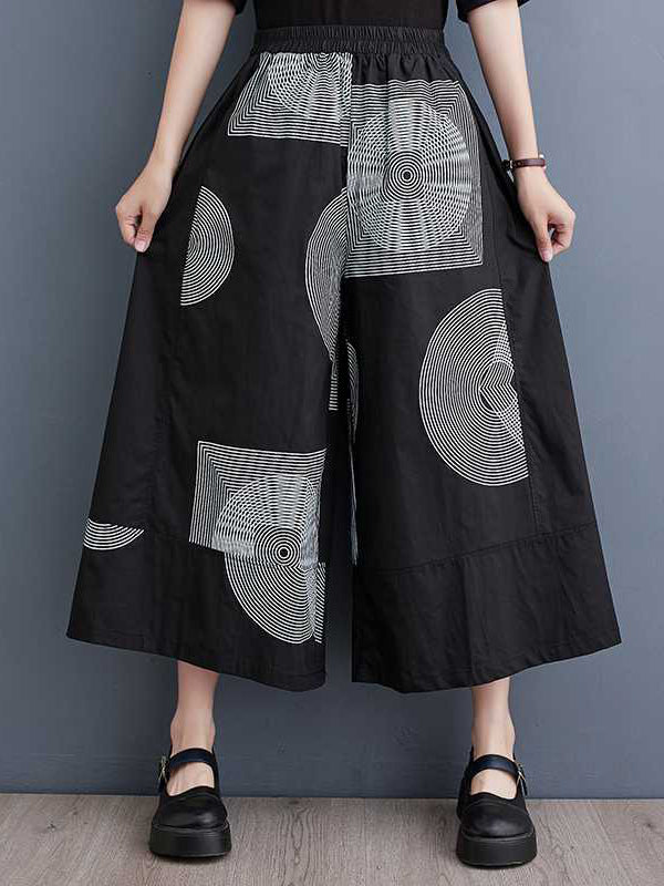 xakxx High Waisted Loose Elasticity Printed Cropped Trousers Pants