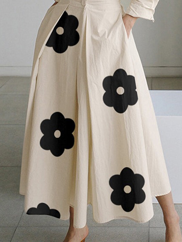 xakxx Long Sleeves Loose Contrast Color Floral Printed Pleated Tied Waist Lapel Shirt Dress