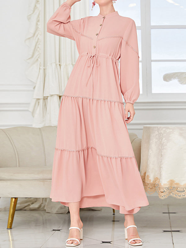 xakxx A-Line Bishop Sleeve Buttoned Drawstring Pleated Split-Joint Mock Neck Maxi Dresses