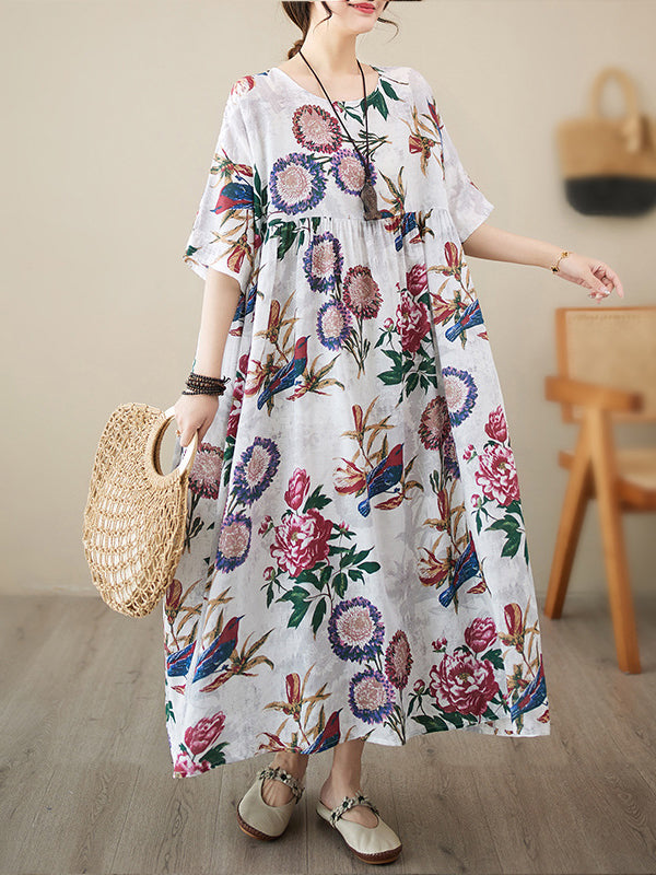xakxx Batwing Sleeves Loose Pleated Split-Joint Round-Neck Midi Dresses