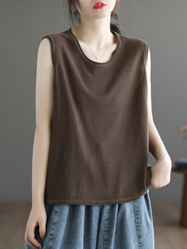 xakxx Loose Sleeveless Solid Color Round-Neck Knitting Vest Top