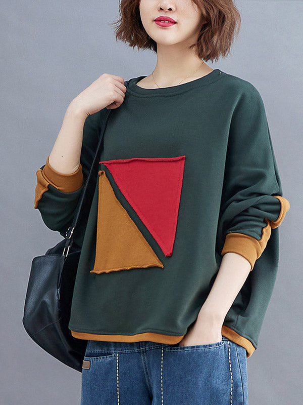 xakxx Artistic Retro Loose Triangle Applique Contrast Color Round-Neck Long Raglan Sleeves Sweatshirt