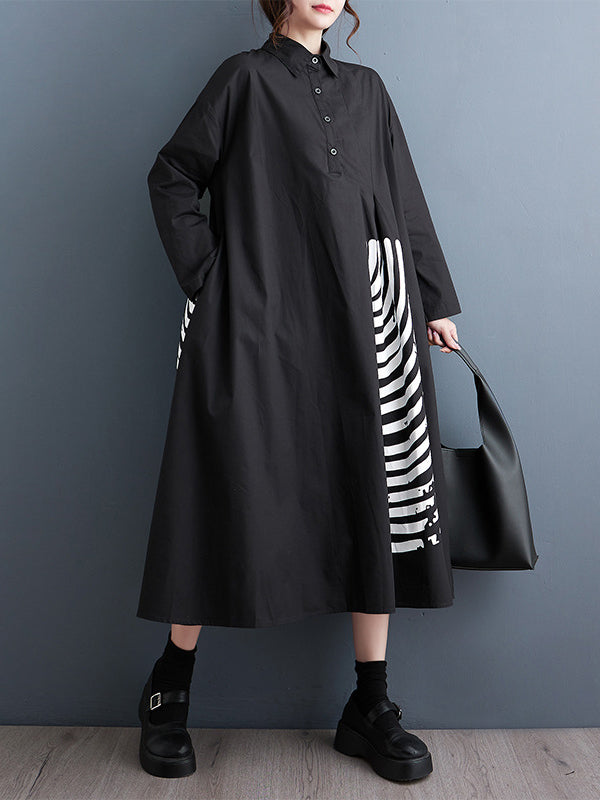 xakxx A-Line Long Sleeves Asymmetric Buttoned Pleated Printed Split-Joint Lapel Midi Dresses Shirt Dress