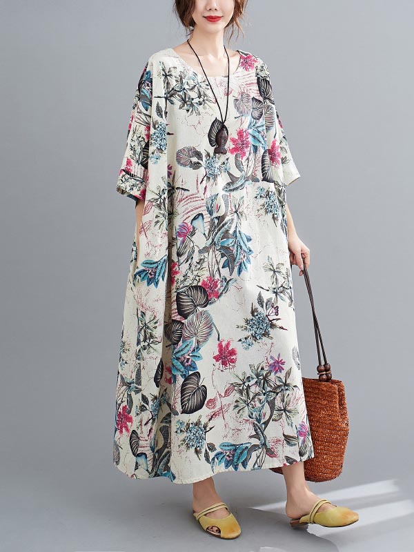 xakxx Vintage Floral Round-Neck Dress