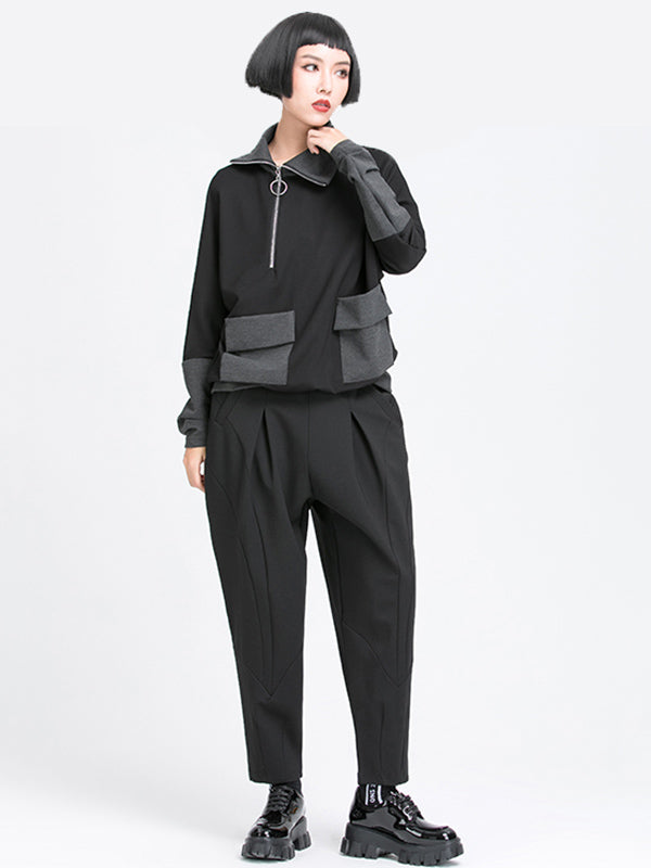 xakxx Simple Casual Split-Joint Pleats Black Harem Pants