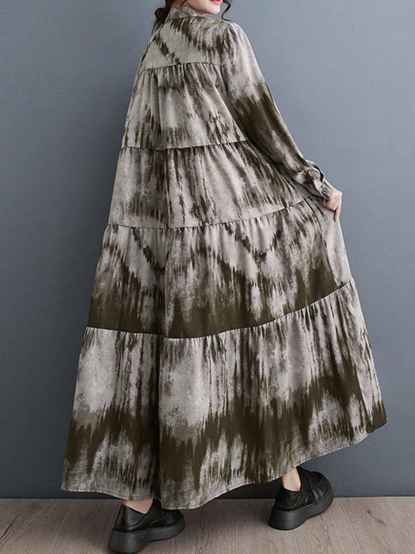 xakxx Long Sleeves Loose Pleated Split-Joint Tie-Dyed Stand Collar Midi Dresses