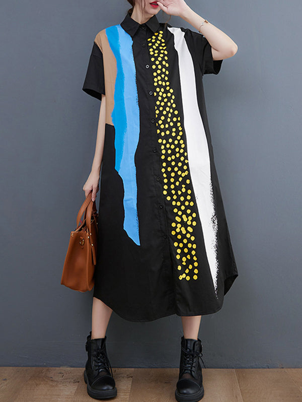 xakxx Artistic Retro Short Sleeves Loose Contrast Color Polka-Dot Lapel Collar Midi Shirt Dress
