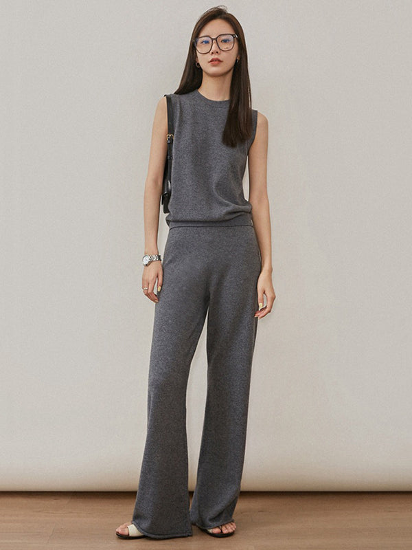 xakxx xakxx-Urban Loose Solid Round-Neck Vest Top& V-Neck Sweater Tops& Wide Leg Pants Three-Piece Set