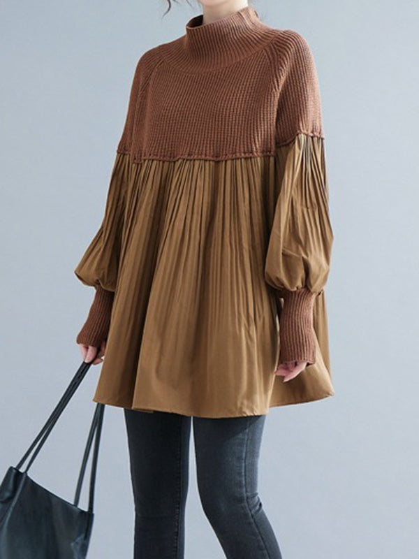 xakxx Long Sleeves Loose Pleated Split-Joint High Neck Sweater Tops