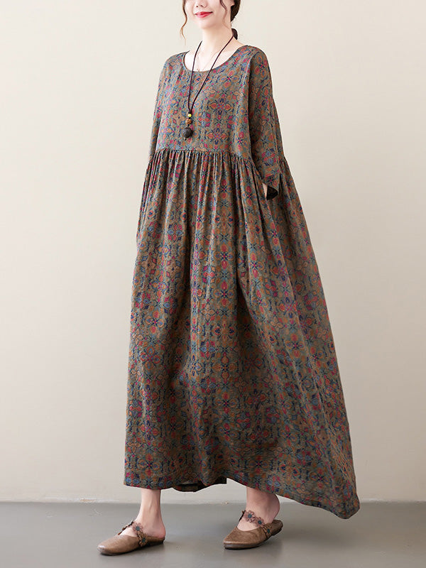 xakxx Vacation Loose Half Sleeves Floral Printed Pleated Round-Neck Midi Dresses
