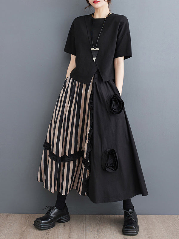 xakxx Elastics High Waisted Loose Flower-Embellished Split-Joint Skirts Bottoms