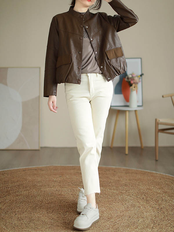 xakxx Long Sleeves Loose Buttoned Pleated Pockets Split-Joint Stand Collar Jackets Outerwear