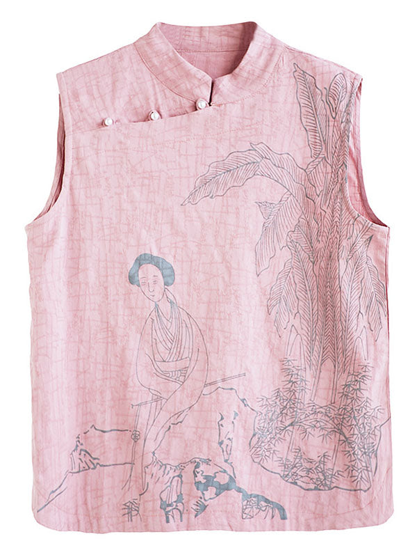 xakxx Artistic Retro Chinese-Style Printed Buttoned Stand Collar Sleeveless Vest