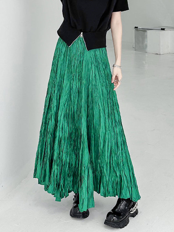 xakxx A-Line Irregular Clipping High-Waisted Pleated Solid Color Skirts