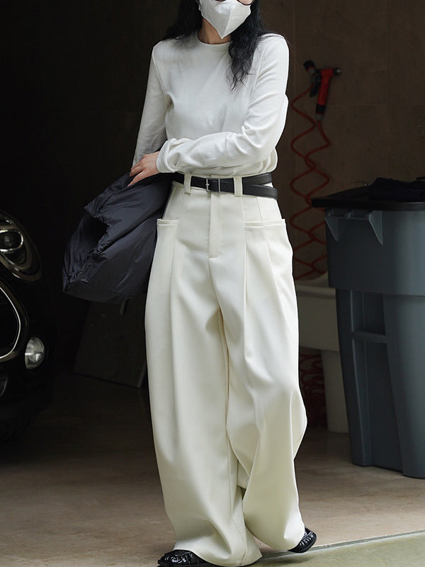 xakxx Loose Pleated Solid Color Wide Leg Pants Bottoms