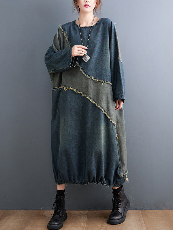 xakxx Original Loose Denim Contrast Color Round-Neck Long Sleeves Midi Dress