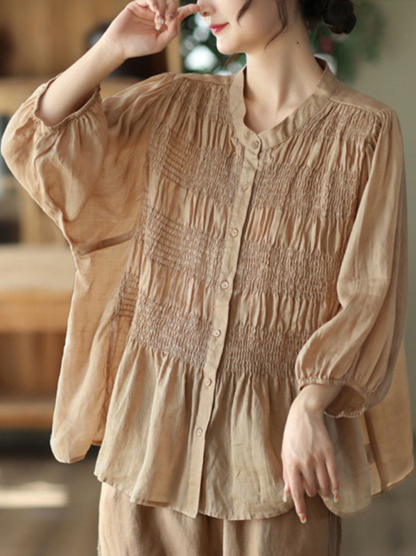 xakxx Loose Three-Quarter Sleeves Pleated Solid Color Split-Joint Stand Collar Blouses&Shirts Tops