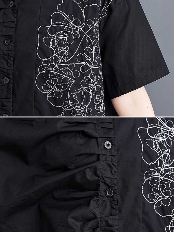 xakxx Irregularity Loose Buttoned Embroidered Pleated Lapel Collar Blouses&Shirts Tops