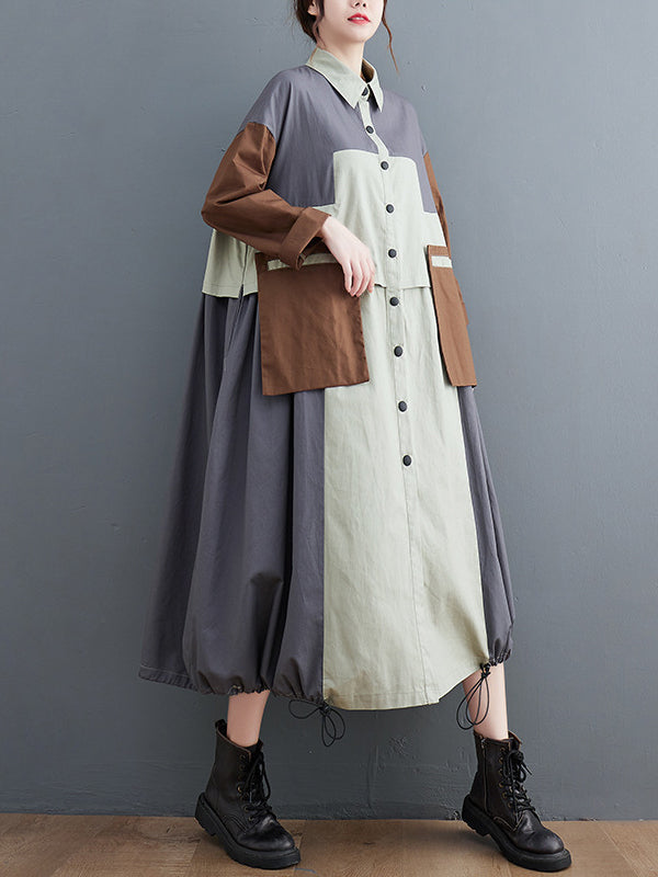 xakxx Vintage Loose Long Sleeves Contrast Color Polo Midi Dresses