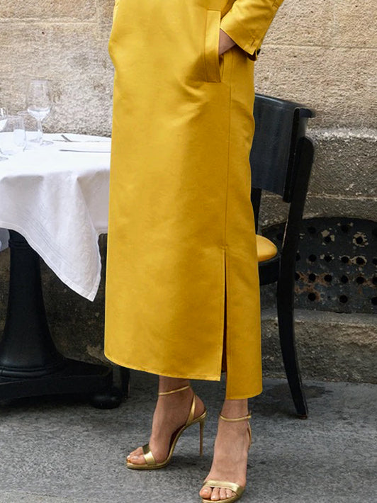 xakxx Long Sleeves Loose Solid Color Split-Side Stand Collar Midi Dresses