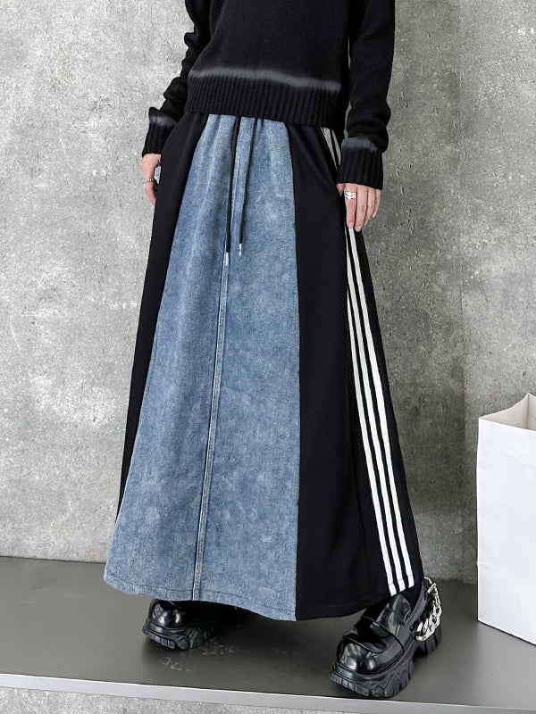 xakxx A-Line Loose Contrast Color Drawstring Split-Joint Striped Skirts Bottoms