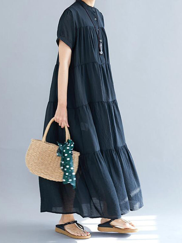 xakxx Vintage Loose Split-Joint Pleated Short Sleeves Round-Neck Midi Dress