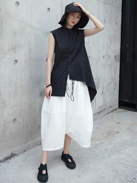 xakxx Loose White Linen Split-side Harem Pants
