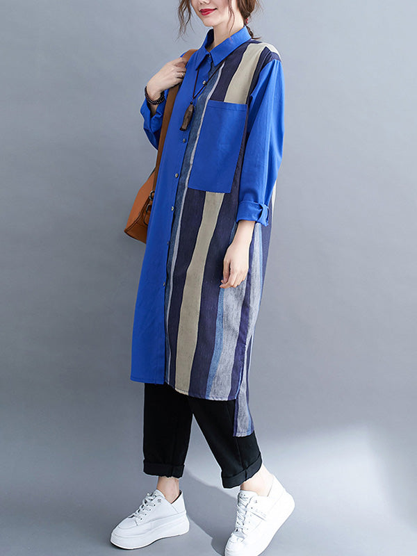xakxx Original Buttoned Contrast Color Split-Joint Long Sleeves Lapel Blouse
