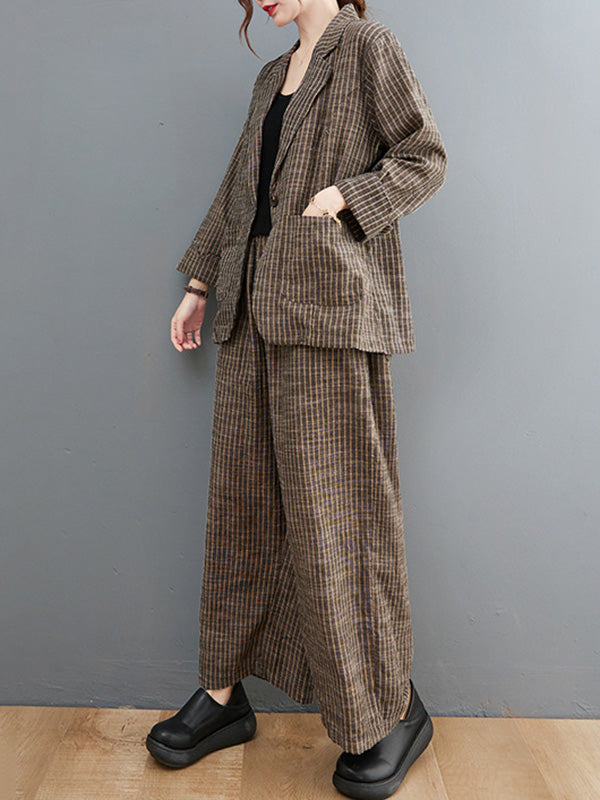 xakxx Vintage Ramie Cotton Notched Collar One Button Suits+Column Pants 2 Pieces Set