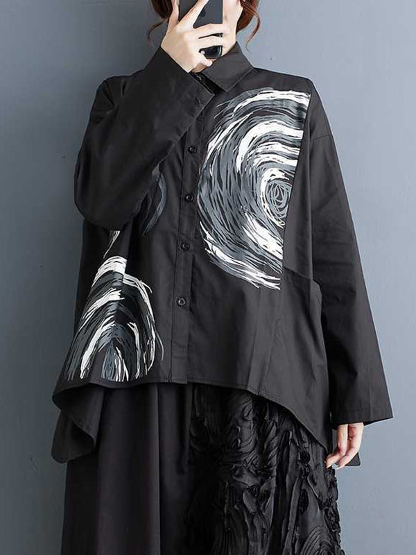 xakxx Long Sleeves Loose Asymmetric Printed Split-Joint Lapel Blouses