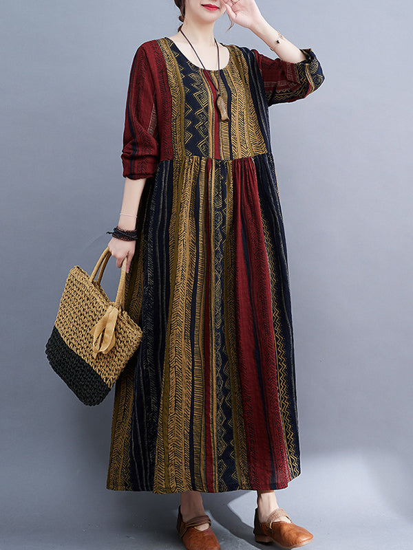 xakxx Vacation Loose Long Sleeves Contrast Color Printed Round-Neck Midi Dresses