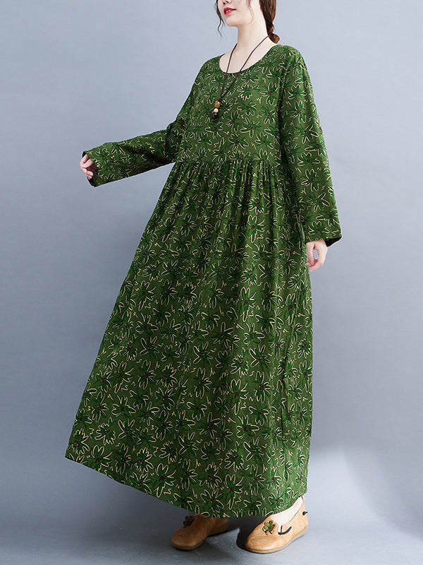 xakxx Artistic Retro Long Sleeves Loose Floral Printed Round-Neck Midi Dresses