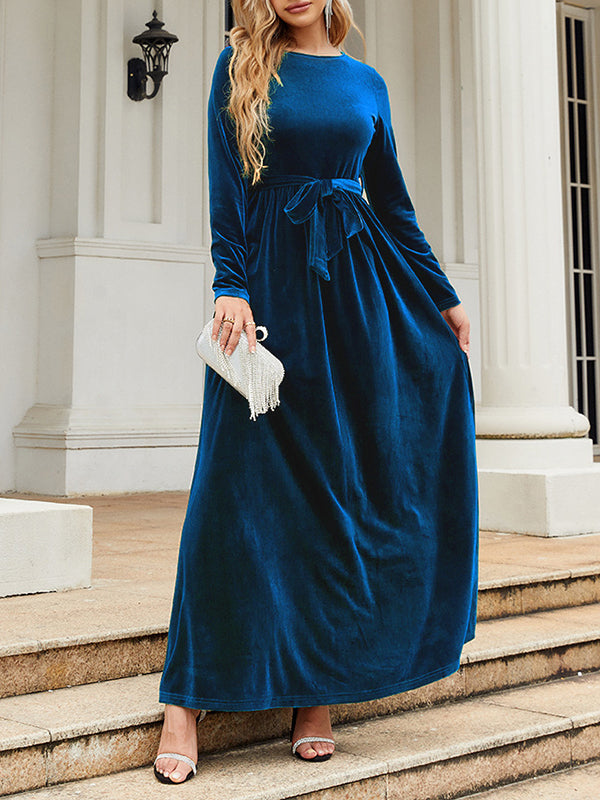 xakxx Long Sleeves Wrap Belted Pleated Solid Color Zipper Round-Neck Maxi Dresses