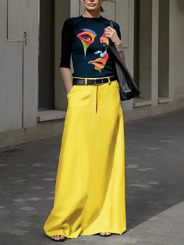 xakxx Simple High Waisted Solid Color Skirts Bottoms