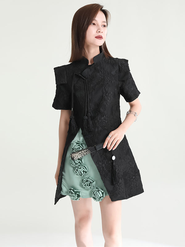 xakxx Vintage Contrast Color Applique Embroidered Short Cheongsams Mini Dress