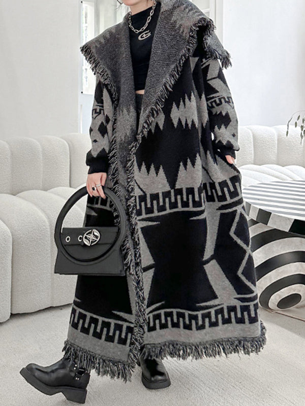 xakxx Long Sleeves Loose Contrast Color Tasseled Lapel Cardigan Coats