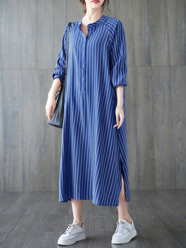 xakxx Long Sleeves Loose Buttoned Split-Side Striped Round-Neck Midi Dresses Shirt Dress