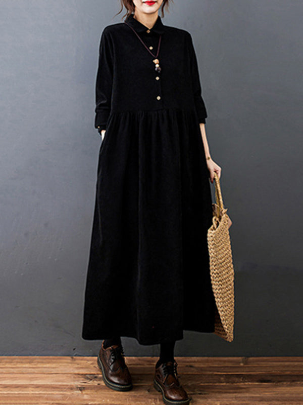 xakxx Vintage Split-Joint Solid Color Long Sleeves Lapel A-Line Corduroy Midi Dress