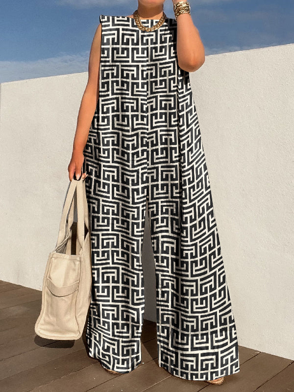 xakxx Urban Sleeveless Loose Printed Wide Leg Jumpsuits
