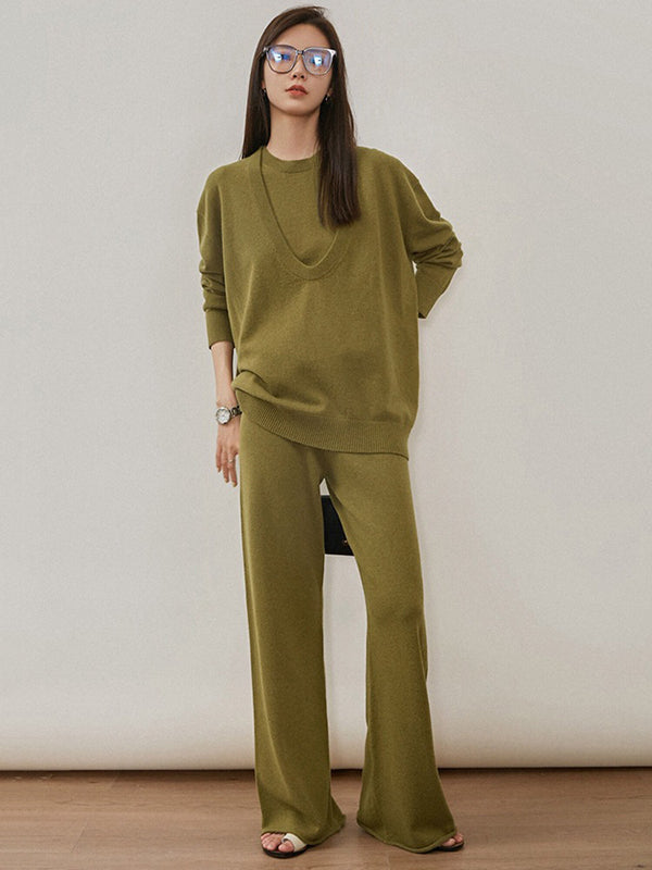 xakxx xakxx-Urban Loose Solid Round-Neck Vest Top& V-Neck Sweater Tops& Wide Leg Pants Three-Piece Set