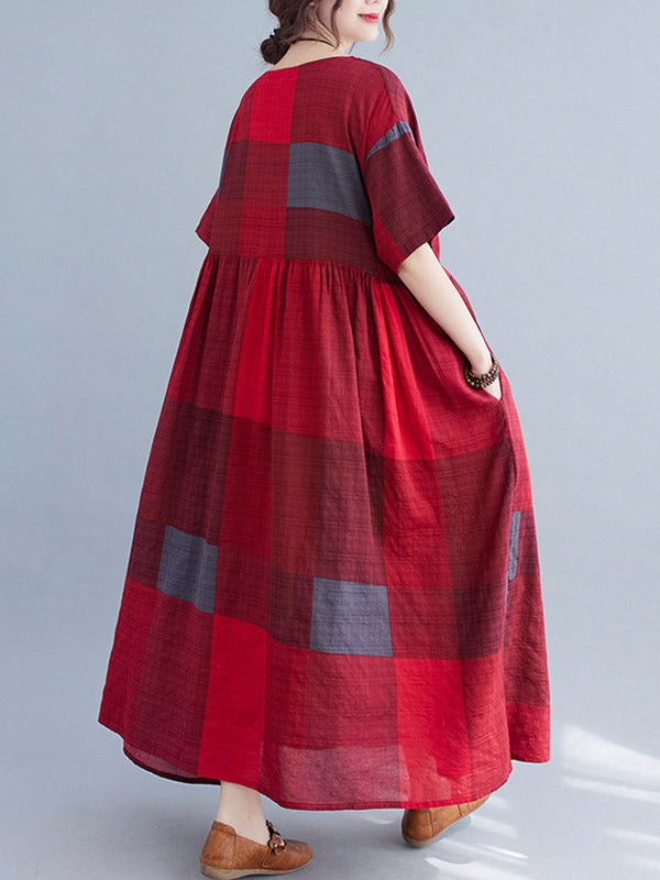 xakxx Artistic Retro Loose Color-Block Pleated Round-Neck Half Sleeves Midi Dress