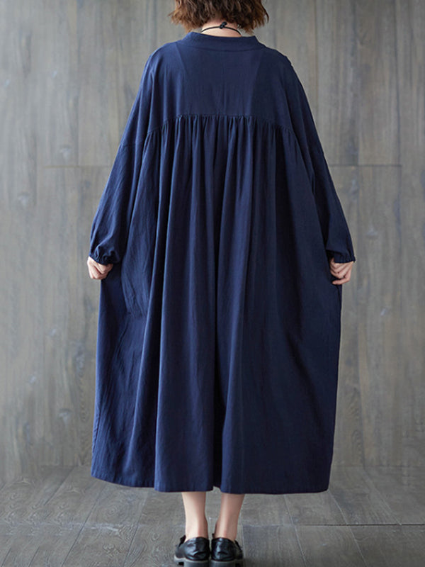 xakxx Loose Puff Sleeves Pleated Solid Color Stand Collar Midi Dresses