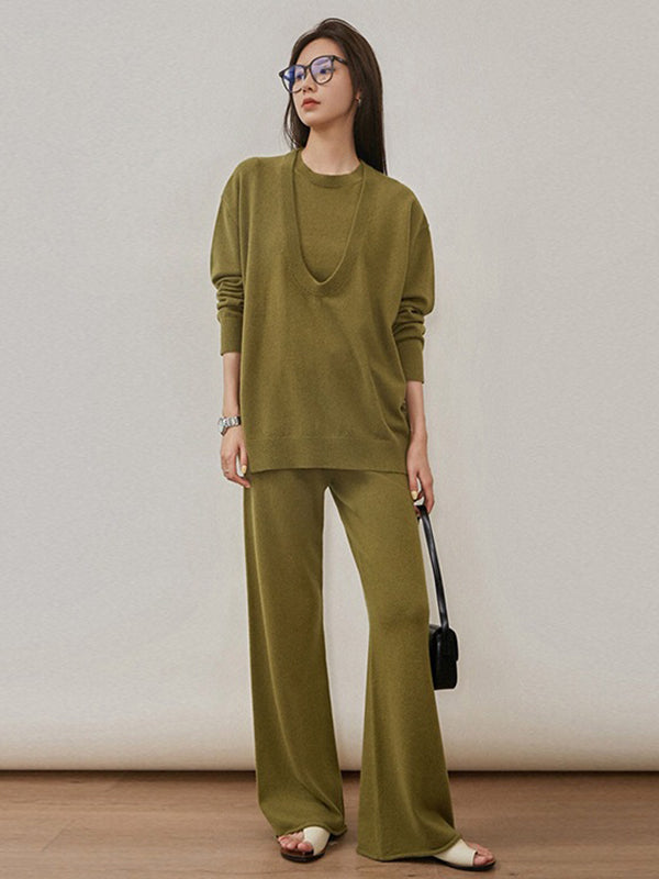 xakxx xakxx-Urban Loose Solid Round-Neck Vest Top& V-Neck Sweater Tops& Wide Leg Pants Three-Piece Set