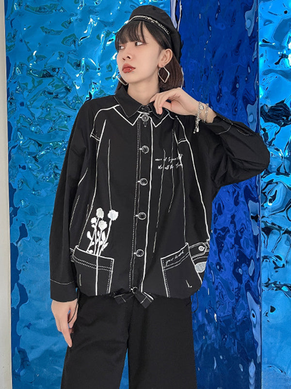 xakxx Casual Contrast Color Printed Drawstring Blouse Top