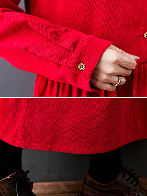 xakxx Vintage Split-Joint Solid Color Long Sleeves Lapel A-Line Corduroy Midi Dress