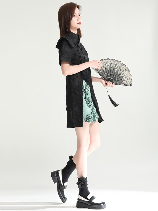 xakxx Vintage Contrast Color Applique Embroidered Short Cheongsams Mini Dress