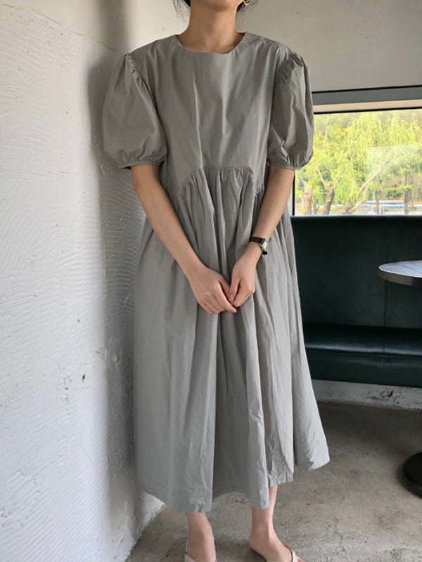xakxx Original Loose Solid Color Pleated Puff Sleeves Midi Dress